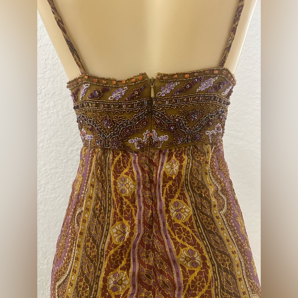 Y2K Vintage Boho Dolce Jovani Silk Beaded Front Slit Earth Tomes Size 4 Dress - Picture 9 of 16